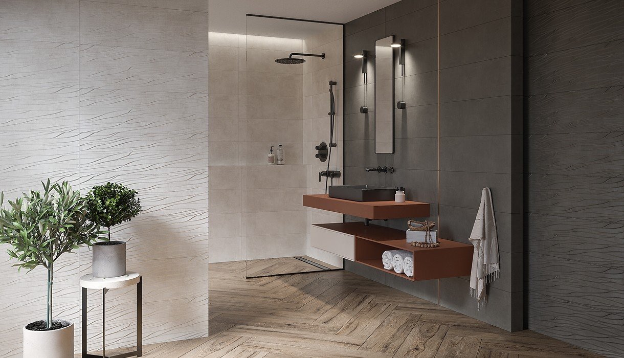 #Koupelna #beton #Moderní styl #krémová #šedá #Extra velký formát #Matný obklad #1000 - 1500 Kč/m2
